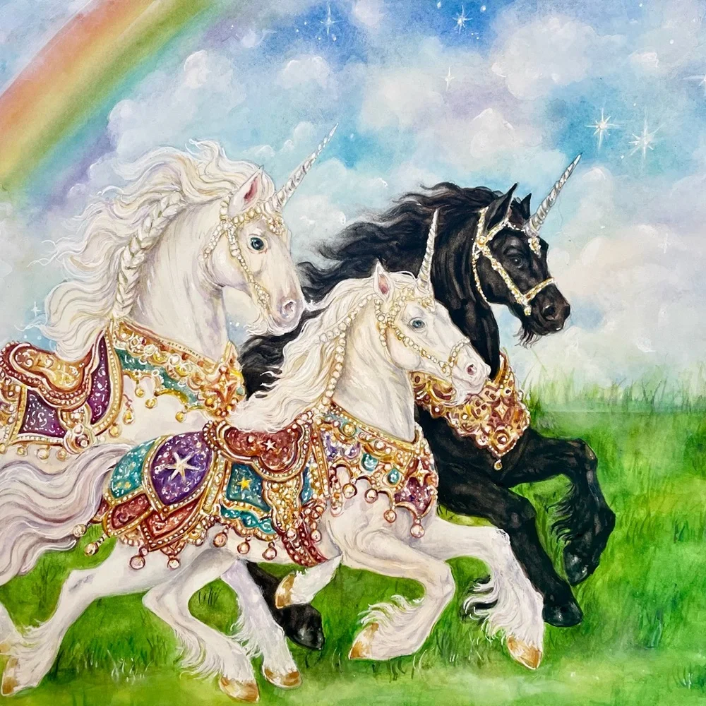 Colorful Unicorn Art - Unbound Carousel Unicorns Greeting Card Set of 5